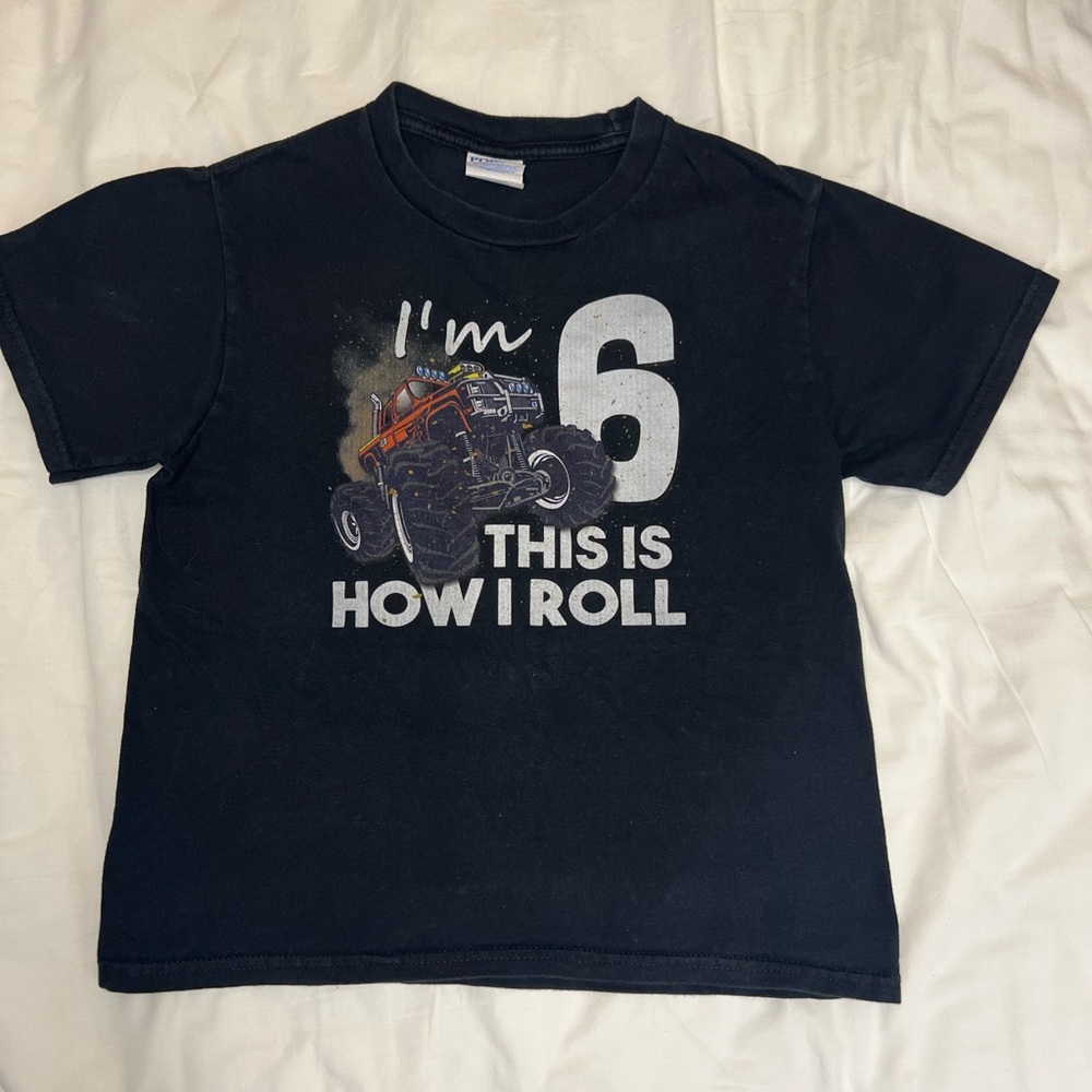 Kids Black Monster Truck 6th birthday T-Shirt